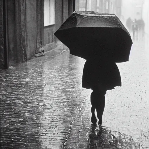 Image similar to fine art photograph of a woman waiting for the rain to stop, rainy flagstone cobblestone street, by henri cartier - bresson