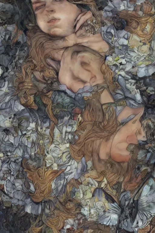 Image similar to closeup face shot of sleeping woman with long hair on a bed surrounded by ivy and flowers, fantasy art, trending on artstation, sleeping beauty fairytale, art by luis royo and walter crane and kay nielsen, watercolor illustration,