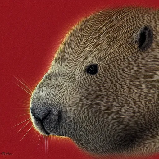 Image similar to a capybara with a red robotic eye,digital art