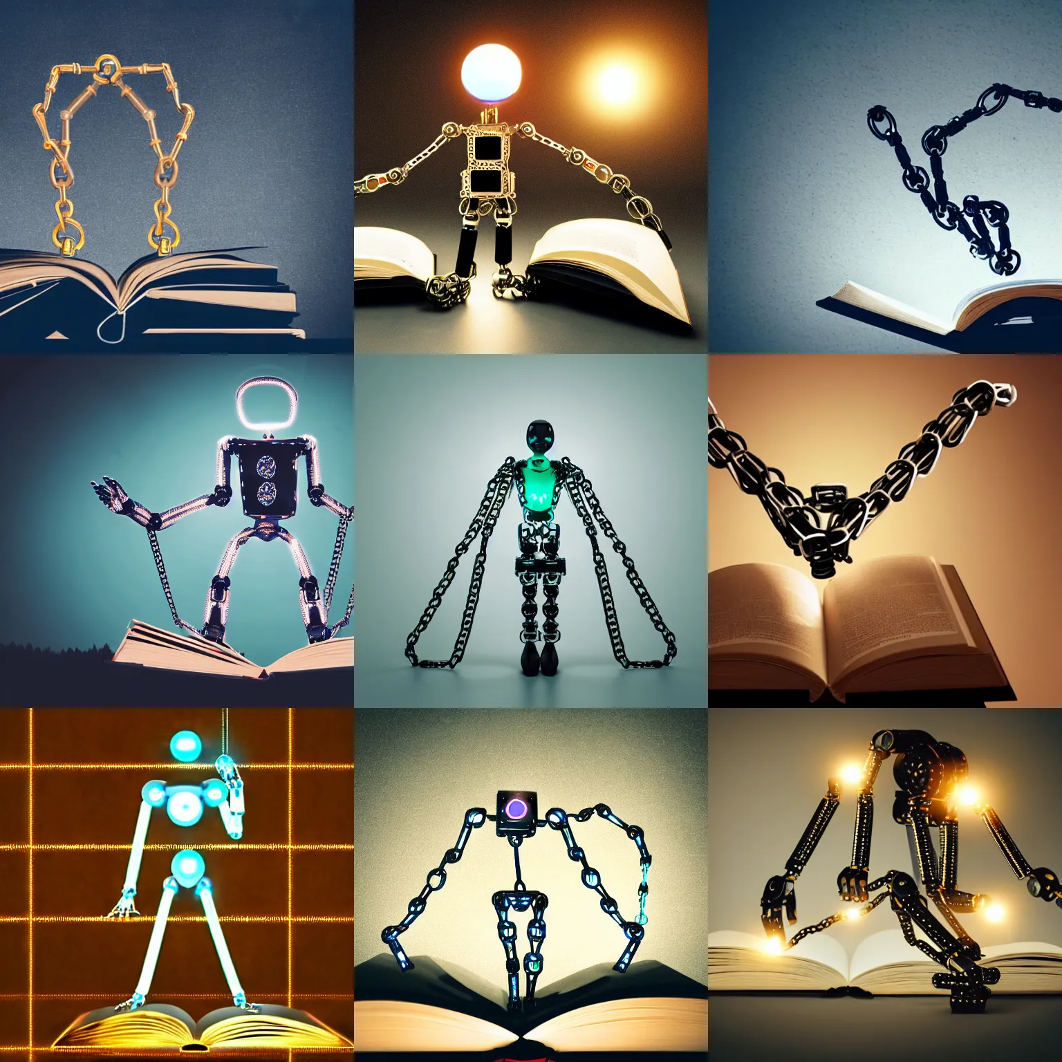 Prompt: chained robotic humanoid wearing chains reaching for glowing book