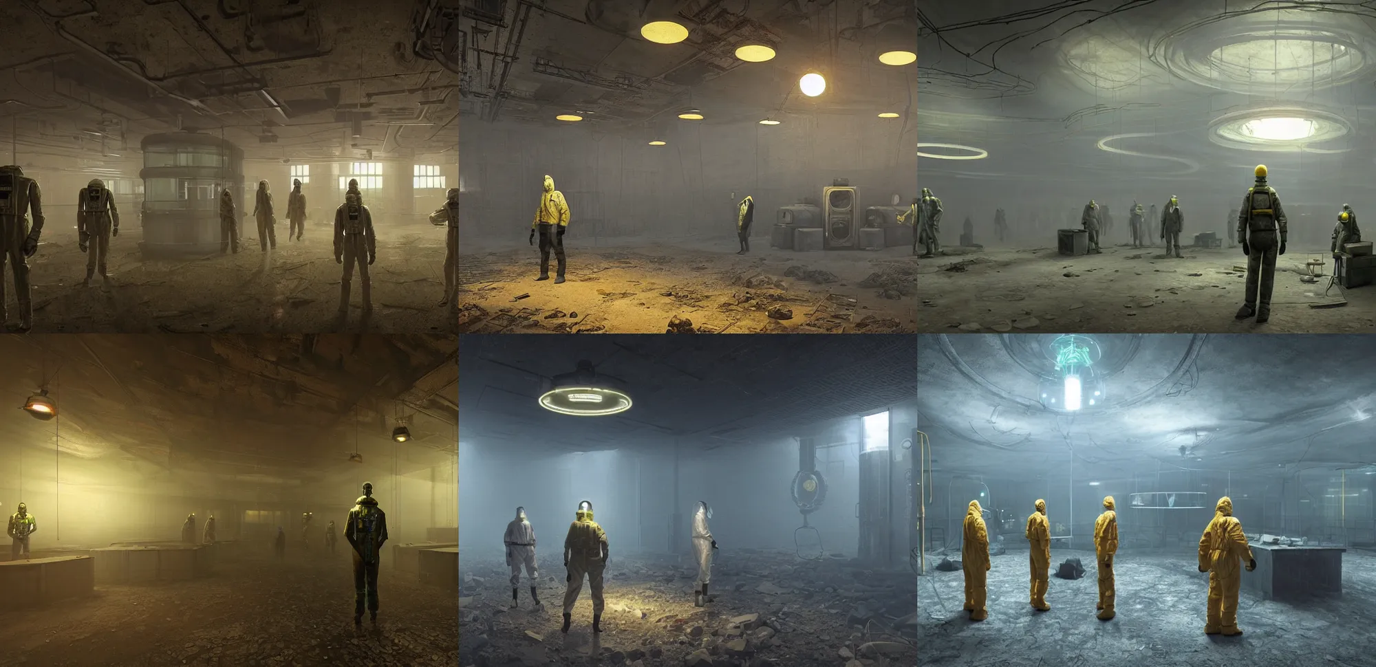 Prompt: rustic yet enormous SCP (Secure, Contain, Protect) agency interior with bioluminescent office workers in hazmat suits and giant iridescent alien artifacts suspended in cylindrical containers made of gold and quartz by Simon Stalenhag, inspired by Metro 2033 and Silent Hill 4 and Stalker Shadow of Chernobyl and Control the game