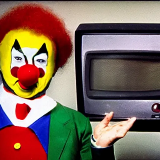 Prompt: photo of an 8 0's television with a president that has a clown face giving a speech