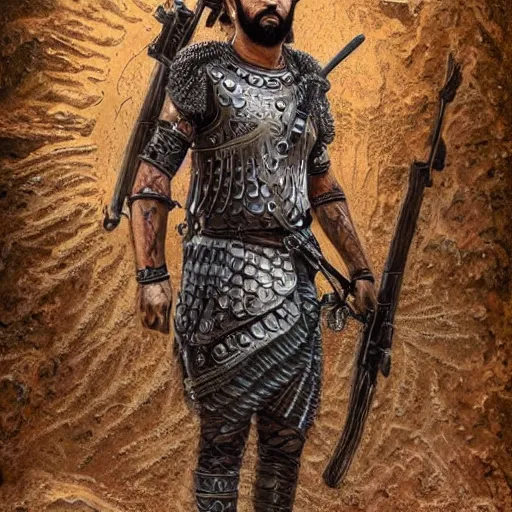 Image similar to “ full body, afghan warrior, an afghan male type, standing in - front of the kaa ’ ba, highly intricate detailed, light and shadow effects, intricate, highly detailed, digital painting, art station, concept art, smooth, sharp focus, illustration, advanced digital art, atmospheric lighting, detailed face, 8 k, hq ”