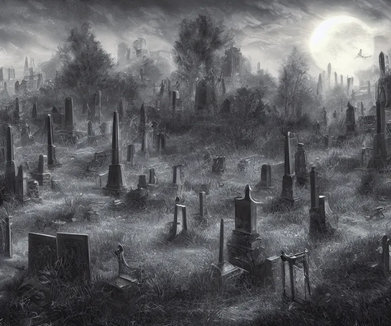 Image similar to a city of tombs and tombstones, graveyard landscape, inhabited by flying spirits, ghostly spirits, giant grave structures, giant tomb structures, dark fantasy, digital art, fantasy art