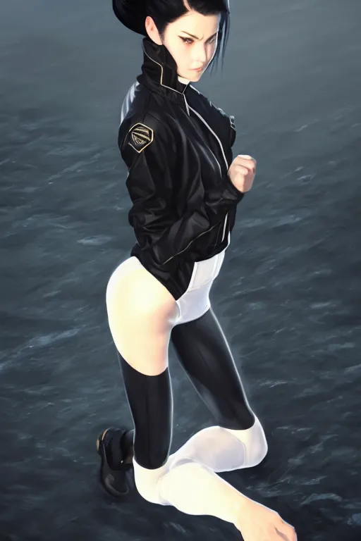 Image similar to black ponytail hair, pale woman in a black unzipped jacket, black shorts, by artgerm, beautiful render, matte painting, realistic, dynamic angle, wlop, loish, octane render, sharp focus, decadent, by greg rutkowski makoto shinkai