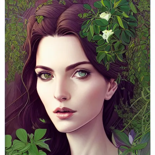 Prompt: a beautiful detailed front view portrait of a woman with plants and flowers growing around, artgerm, joshua middleton comic cover art,
