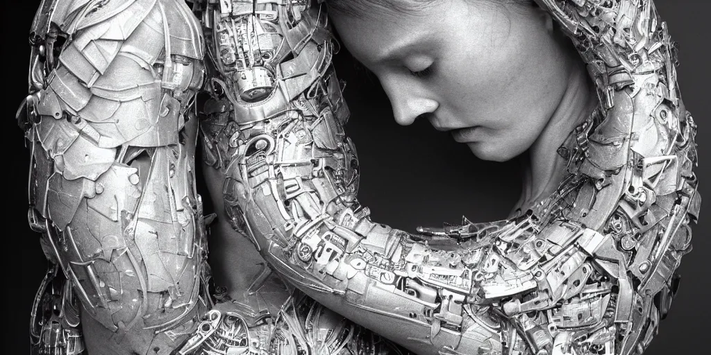 Image similar to hyperrealistic photography of a highly intricate, stunning cyborg female, elbow, armpit, knee, intimate, hands holding in the style of beth cavener, jin kagetsu, chuck close, and wlop, highly detailed, face, eyes closed, symmetry, masterpiece, award - winning, sharp focus, concept art, ambient lighting, 8 k, artstation
