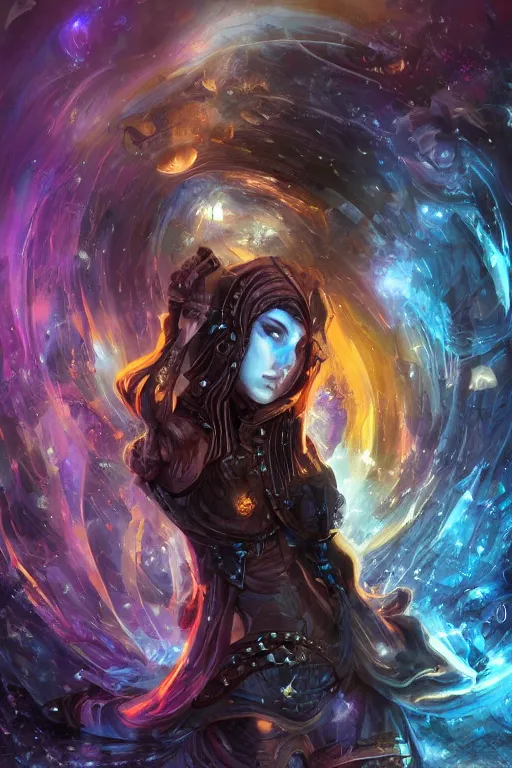 Image similar to Path of Exile, Maven, blue eyes female image with silver purple hair among colourful lights, dark blue spheres fly around, Anachronism, painting, dark fantasy, steampunk, 4k