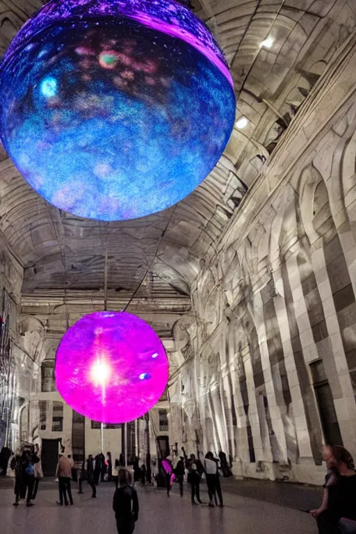 Image similar to public art installation about liquid planet in space. projected on big suspended sphere inside big and dark venue. interactive art by sila sveta