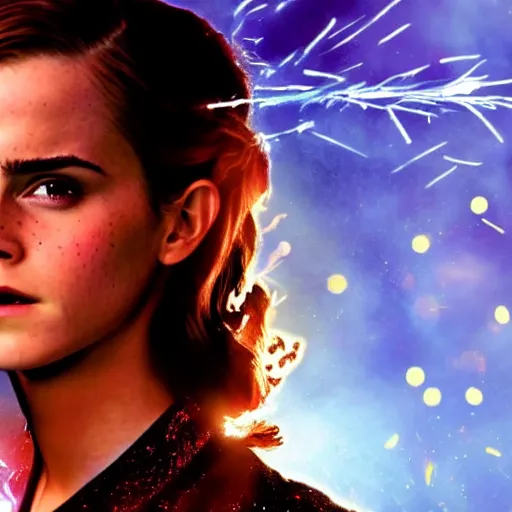 Prompt: Emma Watson Fire Godess, Epic pyrotechnics, 8k UHD, Epic lighting