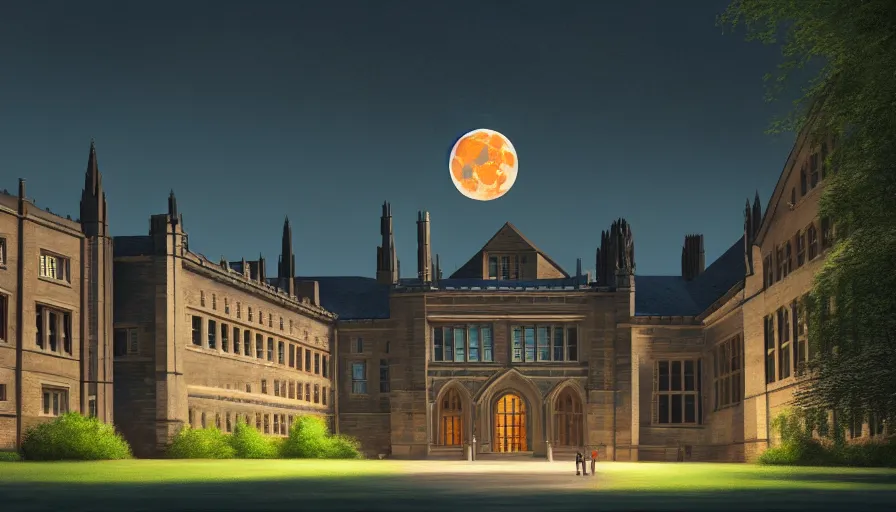 Image similar to princeton university buildings, hyperrealistic, highly detailed, cinematic, single ray of moon, beautiful, cgssociety, artstation, 8 k, oil painting