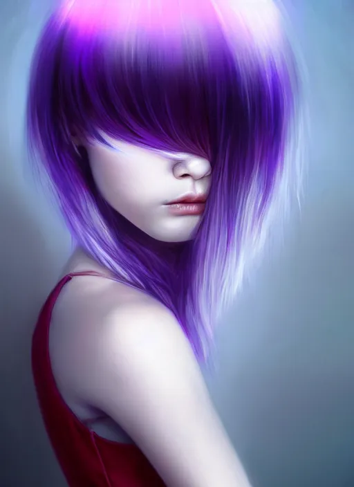 Image similar to hair whitebangs hair, black hair, whitebangs, portrait of teenage girl with white bangs, red irises, purple clothes, white bangs, bangs are different color from hair, intricate, elegant, glowing lights, highly detailed, digital painting, artstation, concept art, smooth, sharp focus, illustration, art by wlop, mars ravelo and greg rutkowski