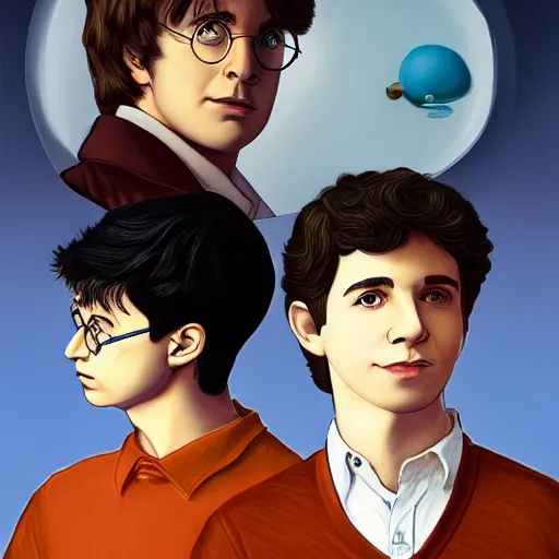Prompt: Harry Potter and Percy Jackson unite by Raphael, Hopper, and Rene Magritte. detailed, romantic, enchanting, trending on artstation.