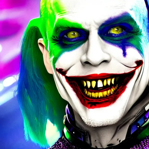 Image similar to suicide squad joker smile 4k ultra resolution