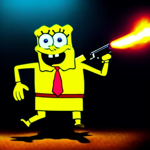 Image similar to high detail full body shot of spongebob squarepants shooting an ak - 4 7 machine gun with muzzle flash, cinematic framing, cinematic light, hard shadows, in the style of the movie lone survivor,