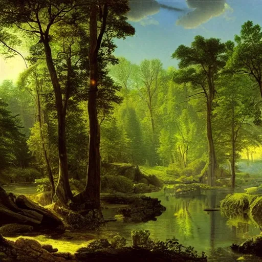 Image similar to a forest oasis, rock pools, harmony of nature, infinite dawn, angelic light, sparkling dew, by asher brown durand, by ivan shishkin,