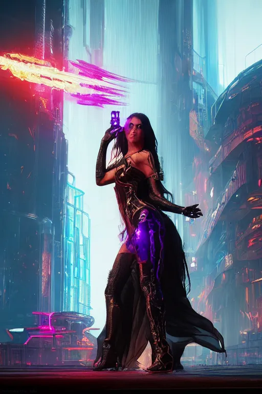 Prompt: A film still of fire sorceress as a cyberpunk 2077 loading screen, highly detailed, digital painting, artstation, concept art, sharp focus, illustration, cinematic lighting, art by artgerm and greg rutkowski and alphonse mucha diffuse lighting, fantasy, intricate, elegant, highly detailed, lifelike, photorealistic, digital painting, artstation, illustration, concept art, smooth, sharp focus, art by John Collier and Albert Aublet and Krenz Cushart and Artem Demura and Alphonse Mucha