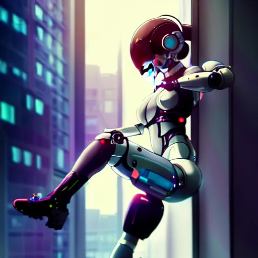 Image similar to beautiful cyborg - girl punching into a large reflective shattering window, window reflections, reflective, mirror reflection, refractions on lens, full round face, biomechanical details, cyberpunk anime art, full body shot, lens flare, wlop, ilya kuvshinov, artgerm, krenz cushart, greg rutkowski