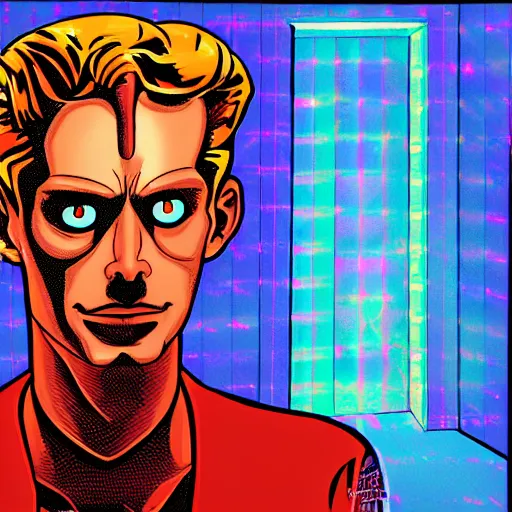 Prompt: a portrait of a beautiful psycho king in a holographic room, in the style of daniel clowes