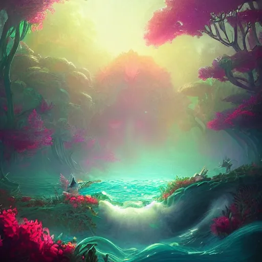 Image similar to i am attracting beautiful souls into my life 🌊✨🌸🌿, 8 k resolution detailed fantasy art, asymmetrical composition, anato finnstark marc simonetti lisa frank zbrush central gloomy midnight.