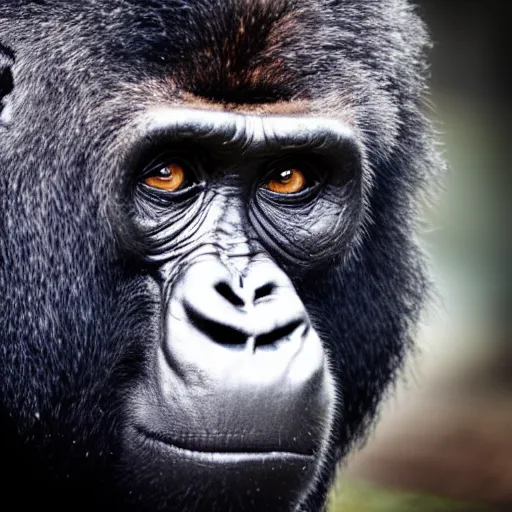 Image similar to portrait photo of a charismatic curious silverback gorilla looking into the camera, indoors, f 1. 4, golden ratio, rim light, top light, overcast day