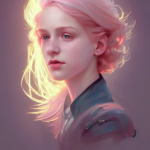 Image similar to portrait of a scottish teenage girl with pinkish blonde hair, glowing skin, delicate features, nerdy, fantasy, intricate, elegant, dress shirt, highly detailed, digital painting, artstation, concept art, smooth, sharp focus, illustration, art by Krenz Cushart and Artem Demura and alphonse mucha