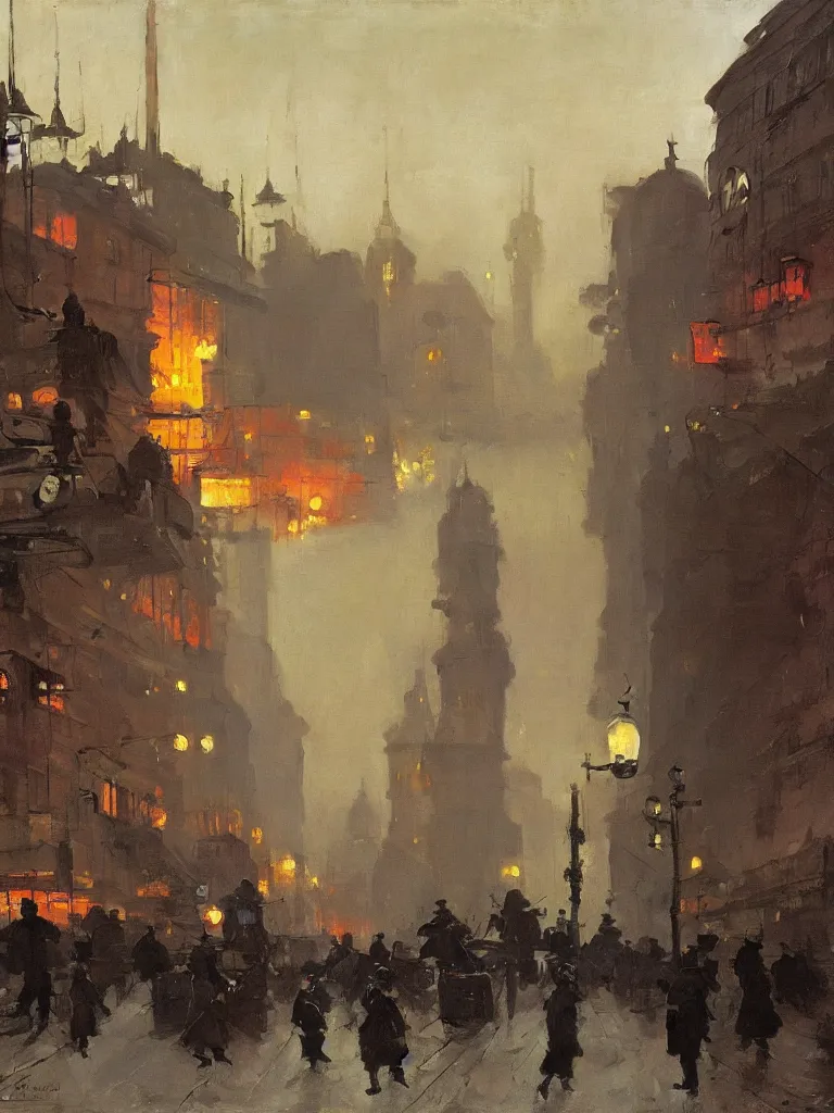 Image similar to a large dieselpunk city street at dusk in russia during the 1 9 1 0 revolution, craig mullins, winslow homer