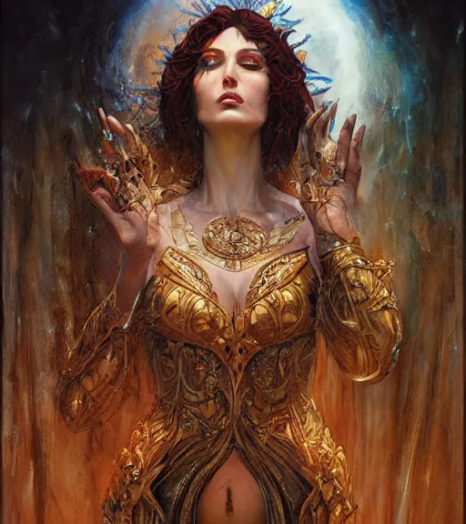 Prompt: a detailed painting of a fantasy priestess, art by karol bak and mark brooks and greg rutkowski, centered