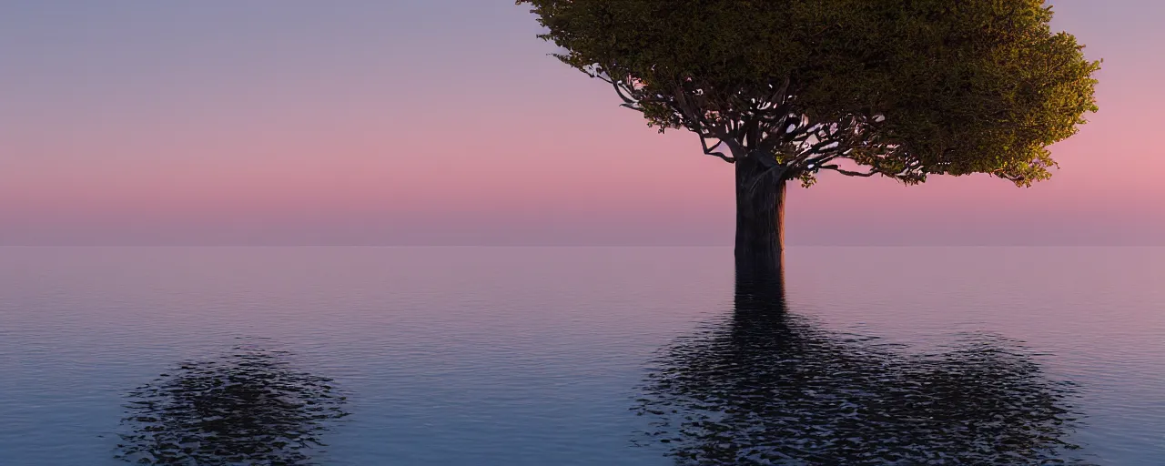 Prompt: a landscape photograph of a single tree on an island in the completely calm sea, the sunset reflecting in the sea, amazing colours, shadows, dramatic lighting, trending on artstation, octane render, 8 k, hd