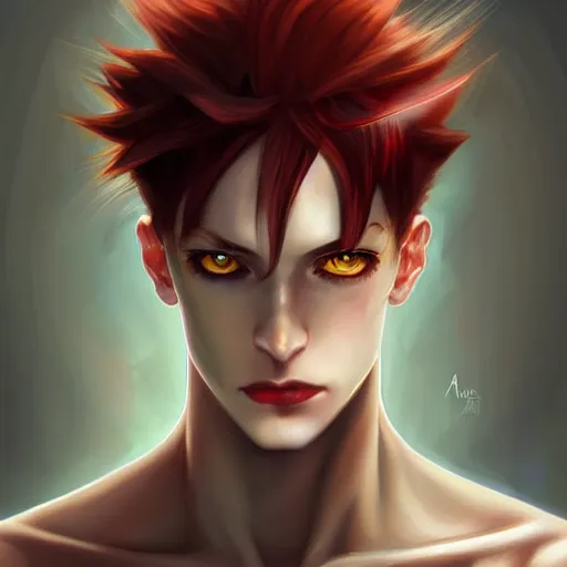 Prompt: portrait of hisoka morow hunter hunter male thin lips small eyes very thin pursed lips extremely sharp jaw yellow eyes almond almond eyes squinting eyes dark red hair soft hair slicked back crimson hair anime, elegant, highly detailed, digital painting, artstation art by artgerm and greg rutkowski and alphonse mucha madonna bowie