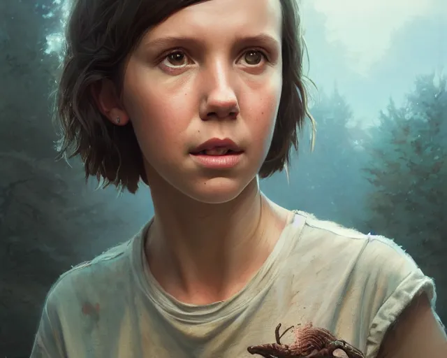 Image similar to highly detailed portrait of millie bobby brown, in the walking dead, stephen bliss, unreal engine, fantasy art by greg rutkowski, loish, rhads, ferdinand knab, makoto shinkai and lois van baarle, ilya kuvshinov, rossdraws, tom bagshaw, global illumination, radiant light, detailed and intricate environment