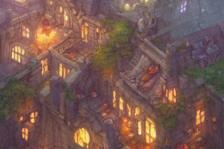 Prompt: one point perspective dungeon cozy fantasy village street view by artgerm and Craig Mullins, James Jean, Andrey Ryabovichev, Mark Simonetti and Peter Morbacher 16k