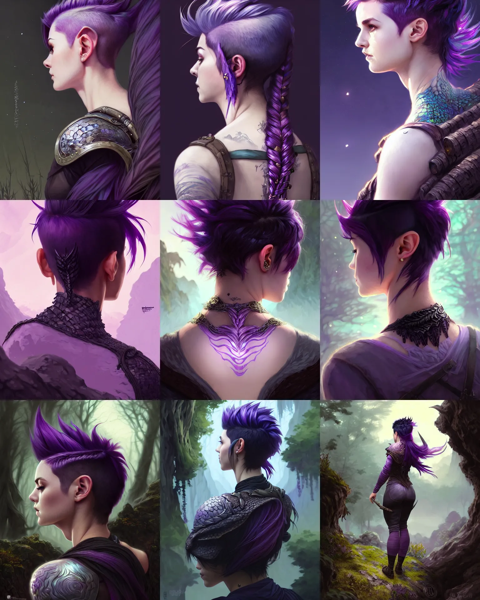 Prompt: back portrait rugged girl, adventurer outfit, fantasy forest landscape, dragon scales, fantasy magic, undercut hairstyle, short purple black fade hair, dark light night, intricate, elegant, sharp focus, illustration, highly detailed, digital painting, concept art, matte, art by WLOP and Artgerm and Greg Rutkowski and Alphonse Mucha, masterpiece