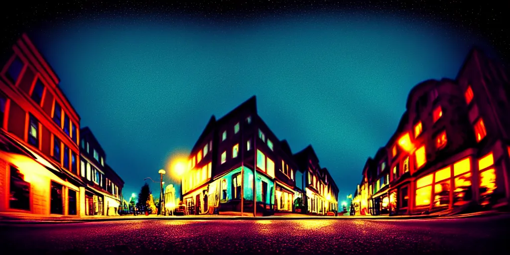 Image similar to curved perspective summer night small town street from tim burtons nightmare before christmas by petros afshar, 1 5 º camera angle