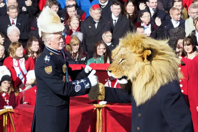 Image similar to photo of the usa presidential inauguration, a lion fursuiter being inaugurated as president