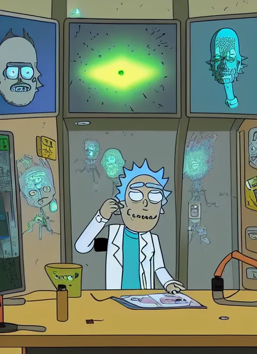 Image similar to an artificial intelligence in a robot exploding why studying how human hands look, rick and morty art style illustration, justin roiland, dan harmon, location is a science fiction planet