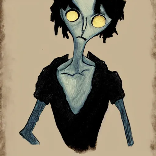 Image similar to young man portrait, black hair, skinny, sleep deprived, corpse bride art style