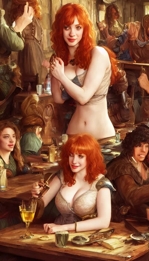 Image similar to young christina hendricks in a tavern, energetic, laughing, fit, warhammer, lord of the rings, sweaty, strong, intricate, highly detailed, digital painting, artstation, concept art, smooth, sharp focus, illustration, unreal engine 5, 8 k, art by artgerm and greg rutkowski and alphonse mucha