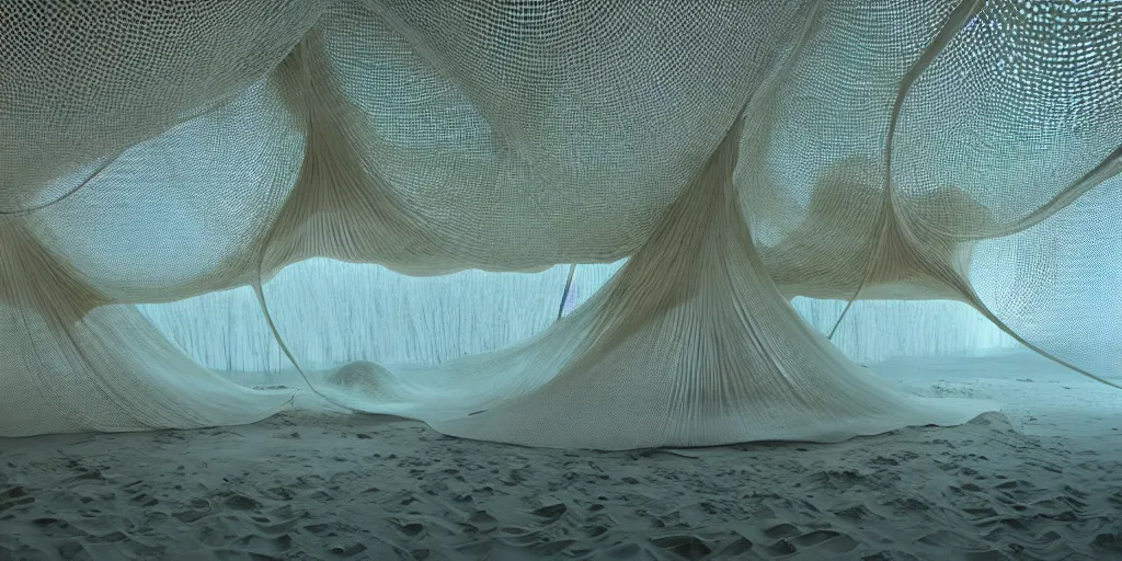 Image similar to soft biomorphic structures out of stocking - like material and nets that fills with various objects like spices, sand and shells by ernesto neto, dusty pink with light - mint color, film still from the movie directed by denis villeneuve with art direction by zdzisław beksinski, telephoto lens, shallow depth of field