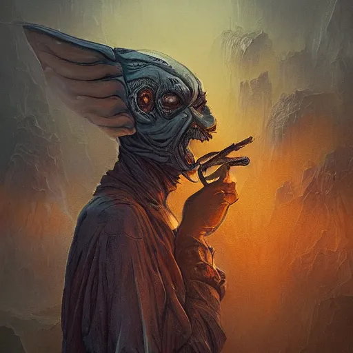 Image similar to scary , epic , Post-processing , low angle , Greg rutkowski legendary matte painting , masterpiece , 8K centered headshot Portrait of a psychedelic godlike mothman posing with a cigar with giant mandala wings smoking a hand-rolled cigarette smoking heavily , magic mushroom village in background , post-processing , award winning. superb resolution. in the art style of Satoshi Kon and Greg Rutkowski , Detailed Mushroom city in background , Hyper realistic anime , Perfect art , Dalle2