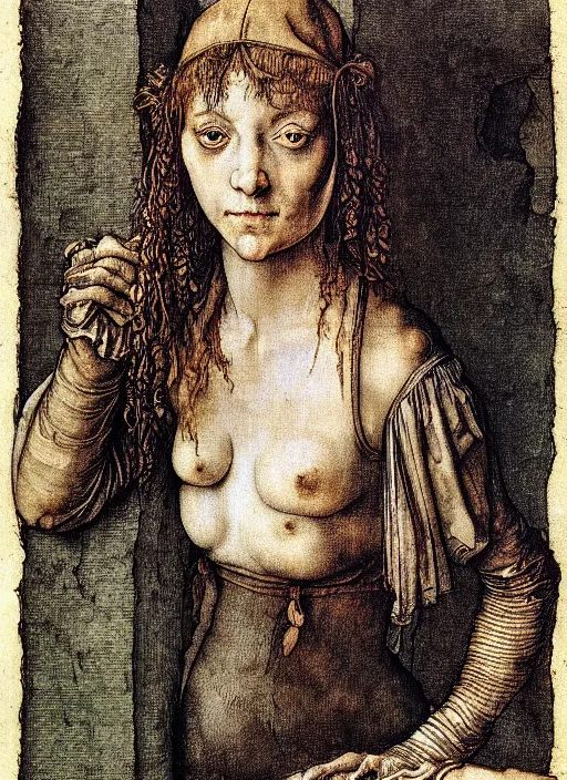 Image similar to a portrait of a pretty sewer punk young lady by albrecht durer