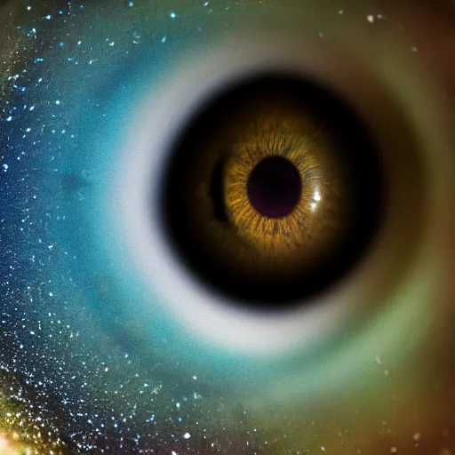 Image similar to of an human eye with a galaxy inside, macro shot, ultra realistic, 50mm lens