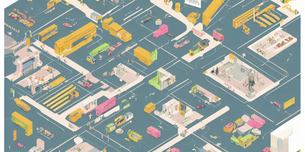 Image similar to getting ready for work axonometric pastel infographic by Wes Anderson
