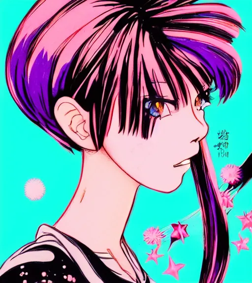 Prompt: beautiful portrait of a black bobcut hair style magical girl in a blend of 8 0 s anime - style art, vibrant composition and color, filtered through a cybernetic lens, by hiroyuki mitsume - takahashi and noriyoshi ohrai and studio ghibli and makoto shinkai, pastel colors, hand - drawn animation, cel shading, contour hatching