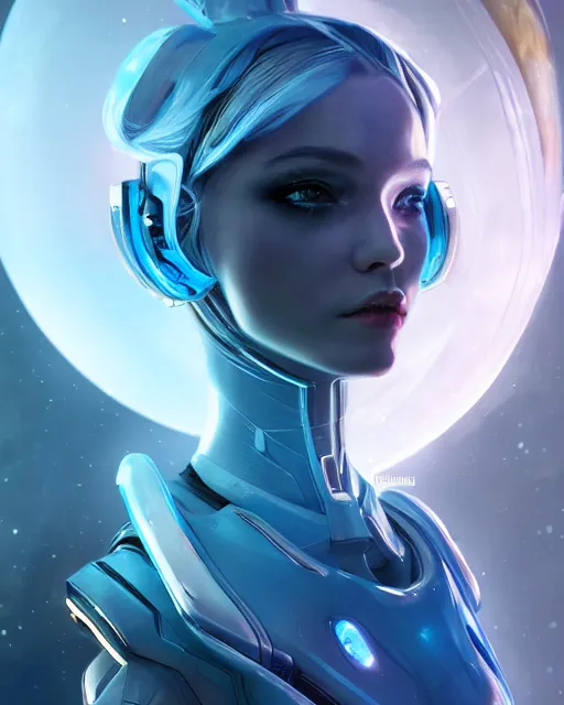 Image similar to perfect android girl on a mothership, warframe armor, beautiful face, scifi, futuristic, galaxy, nebula, raytracing, dreamy, long white hair, blue cyborg eyes, sharp focus, cinematic lighting, highly detailed, artstation, divine, by gauthier leblanc, kazuya takahashi, huifeng huang