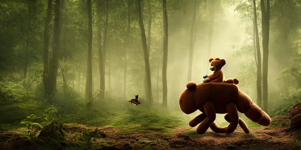 Image similar to a giant ant is riding a giant teddy bear in a forest, moody, cinematic light, matte painting, concept art, highly detailed, 8k
