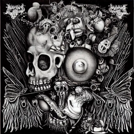 Image similar to punk album cover, psychedelic, black and white, giuseppe arcimboldo