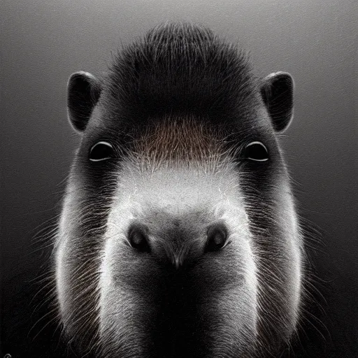 Prompt: a portrait of a capybara wearing, anatomically correct, beautiful perfect face, enigmatic, oil painting, matte, black background, volumetric dynamic lighting, highly detailed, cinematic lighting, unreal engine, 8 k, hd, by beksinski