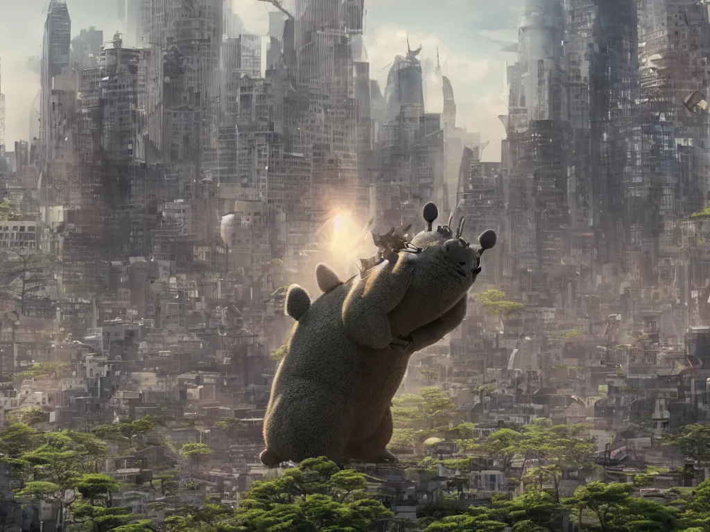 Image similar to Giant Totoro Kaiju towering over a city as people run away, photo realistic, movie still, 4k, 8k, action film