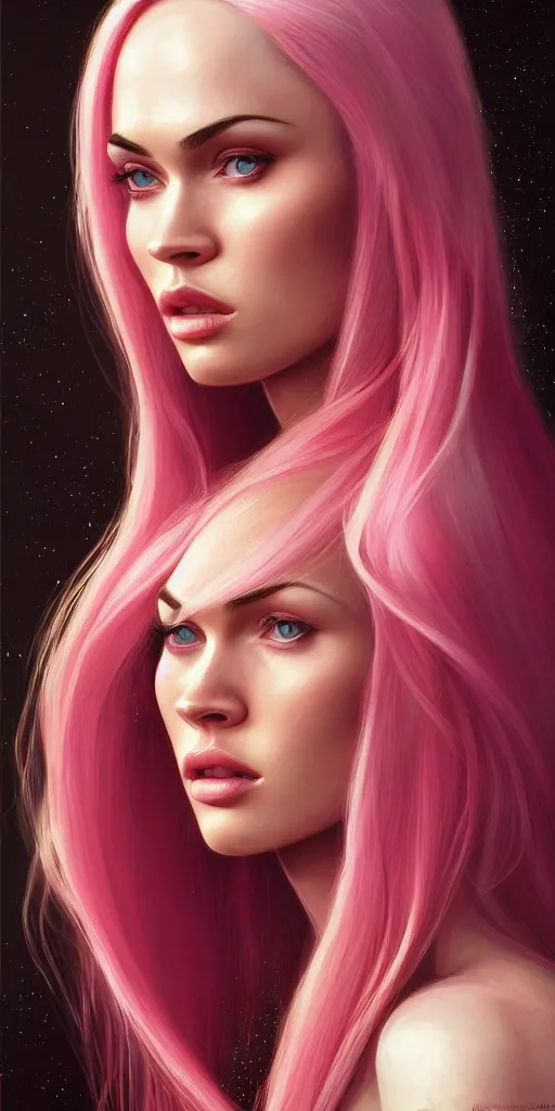 Image similar to Portrait of a beautiful pale skin Nordic female megan fox with long pink hair, elegant, photorealistic, highly detailed, artstation, smooth, sharp focus, gold ornaments, neon lighting, sci-fi, art by Klimt